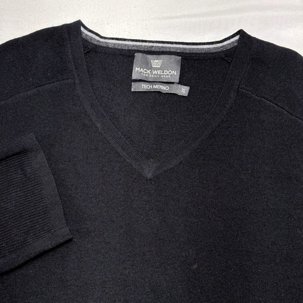 Mack Weldon Tech Merino V-Neck Sweater Mens XL Black Wool Blend Ribbed Detail